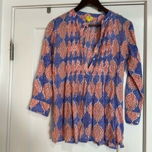 Roberta Roller Rabbit Sz XS 3/4 Sleeve Blue/ Orange Blouse Shirt